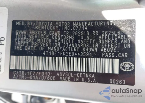 2014 Toyota Camry Le from USA, damaged, VIN 4T1BF1FK2EU443591